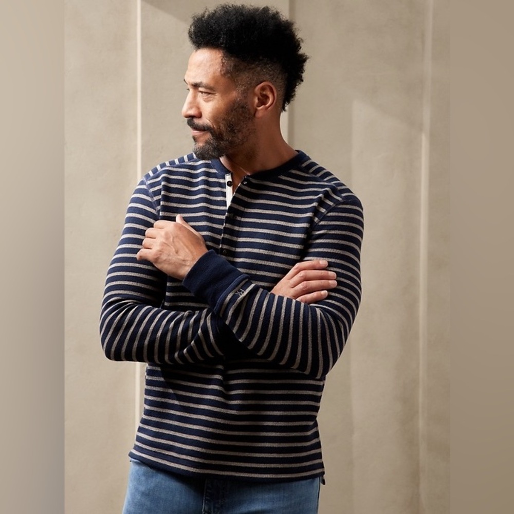 BANANA REPUBLIC Men Long Sleeve Striped Waffle Knit Thermal Henley Size Small